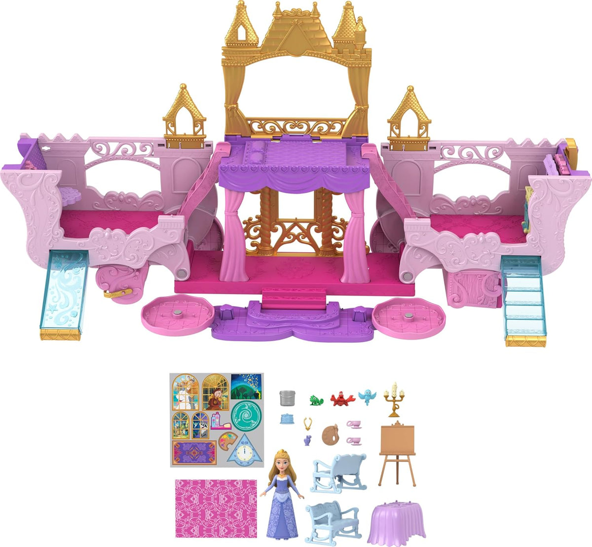 Disney Princess Carriage To Castle Transforming Playset With Aurora Small Doll, 4 Figures & 3 Levels 2
