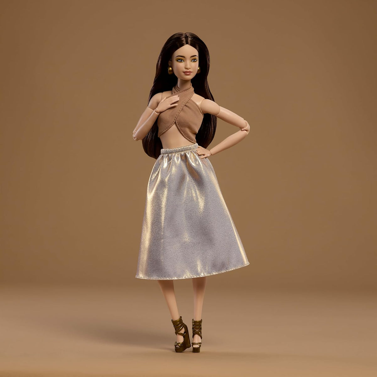 Barbie Basics Collector Fashion Doll 06 With Brunette Hair, Shimmery Golden Skirt & Halter, Universal-Fit Fashions, Posable Body 06